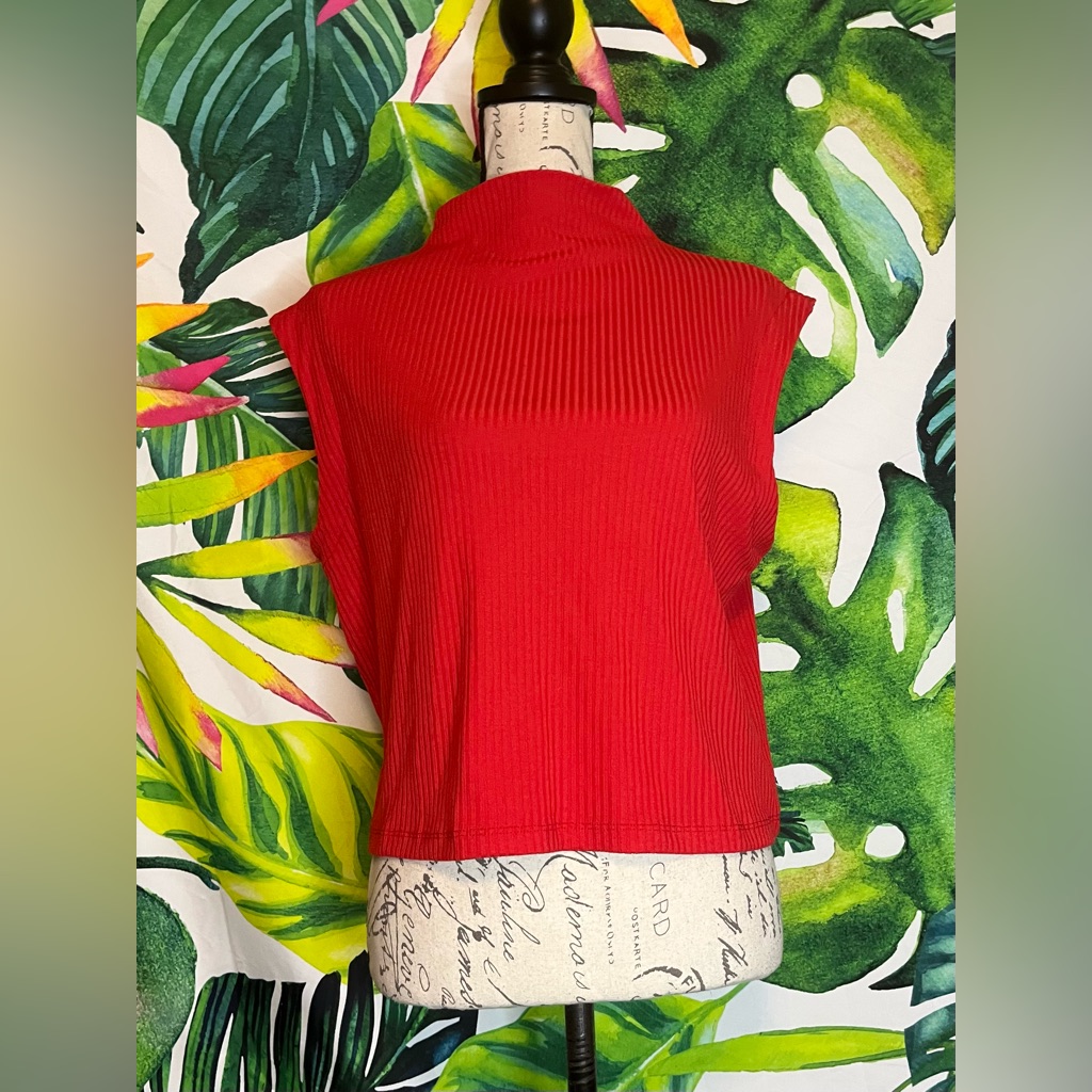 House Of Harlow L Red Ribbed Mock Neck Sleeveless Boxy Crop Work Summer Fall Top